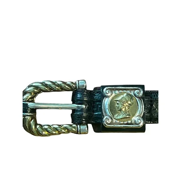 Brighton Hellenistic/Greek Black Leather Belt Sz L/ 34 Silver Gold Tone Buckle - Picture 4 of 6